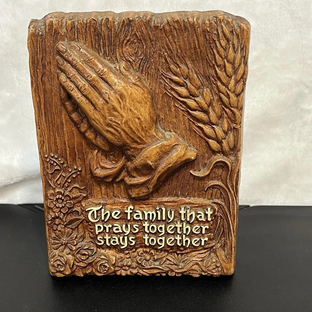 Vintage MCM Napkin Holder Mail Caddy Praying Hands FAMILY Made in USA Faux Wood